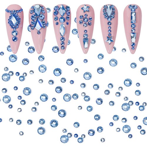 DZHILHMX Nail Rhinestones - 4300pcs Light Blue Crystals, Multiple Shape Gems, Flat Back Rhinestones, with Kit and Glue Gel, for Nail Art Decoration
