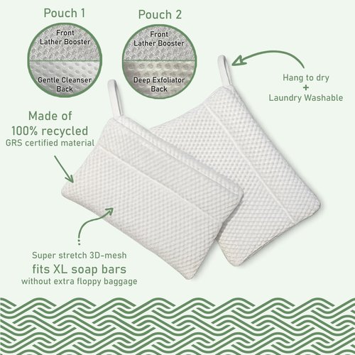 2-Pack Exfoliating Soap Bag Soap Saver Pouch for bar soap, Loofah Bath Scrubber for Bar Soap on a Rope. 2 Different Roughness Levels Gentle + Deep Exfoliator, mesh soap Pocket, soap bar Scrubber
