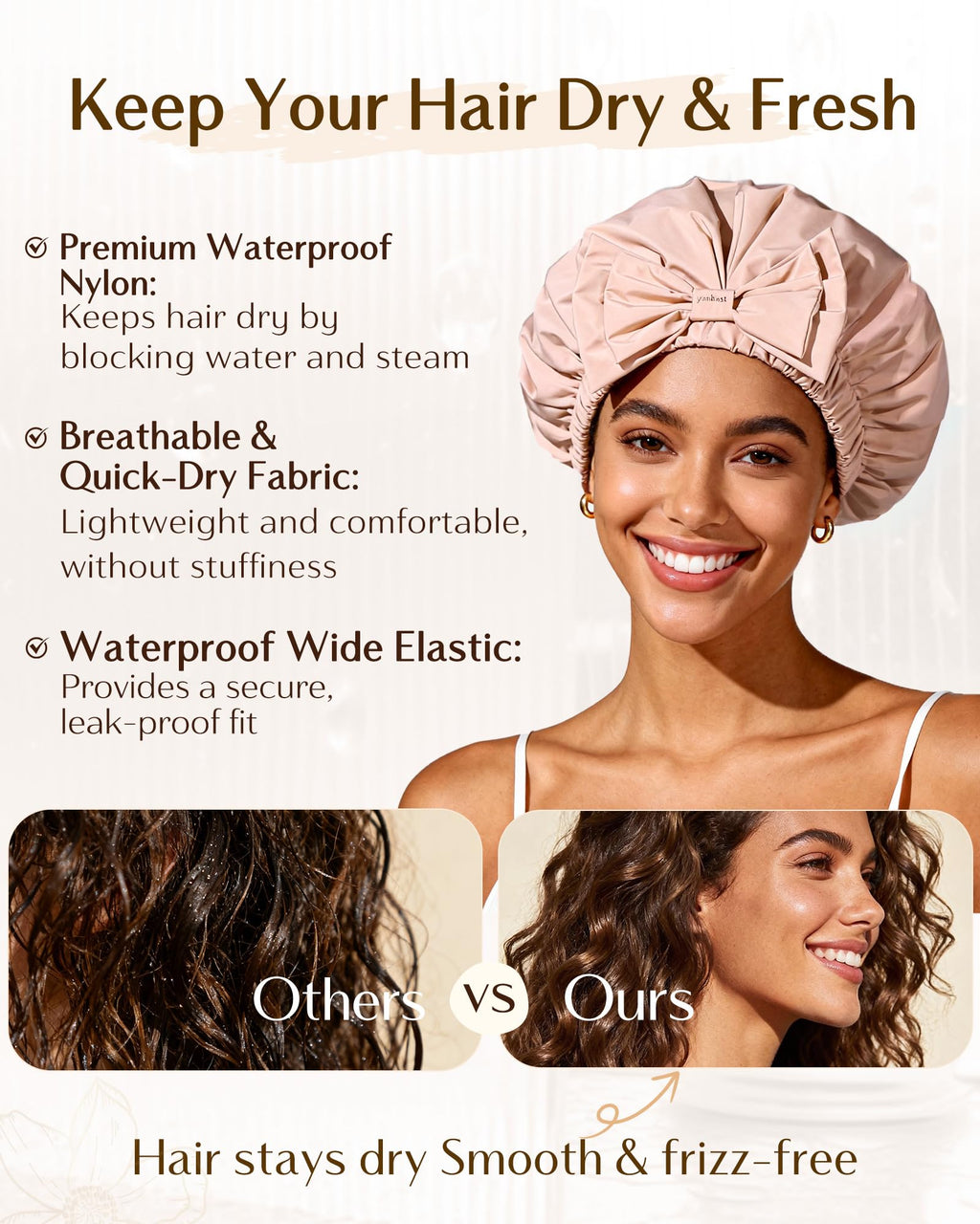 Yanibest Shower Cap Reusable Waterproof,Wide Elastic Band Bath Cap-Comfortable & Durable Bath Hair Hat for Women