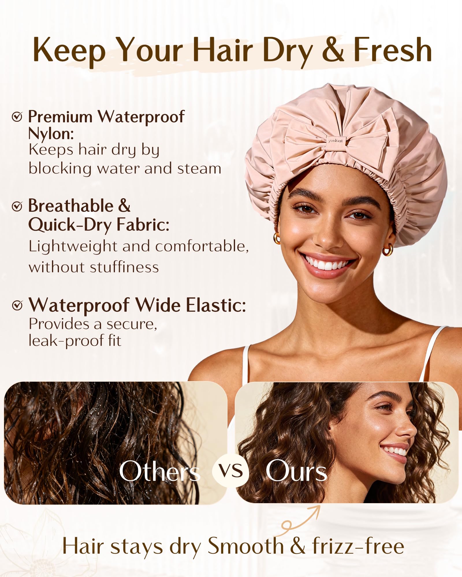Yanibest Shower Cap Reusable Waterproof,Wide Elastic Band Bath Cap-Comfortable & Durable Bath Hair Hat for Women