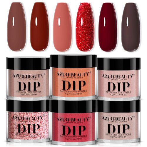 AZUREBEAUTY Dip Powder Starter Kit - Brown Red Glitter | 6 Colors for DIY French Nail Art
