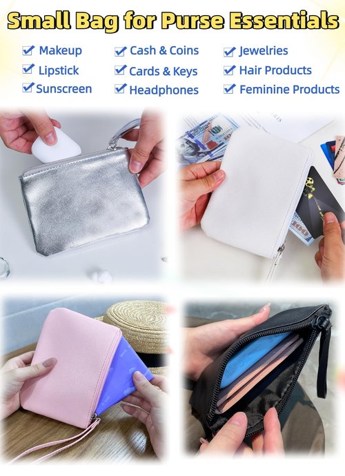 SeBUCUOO 2 Pack Small Zipper Pouch Mini Makeup Bag for Purse Lipstick Cosmetic Travel Make Up Organizer for Women Essentials, Car Change Coin Holder 4.5 x 6.5 Clutch Stadium Approved Wristlet, Pink