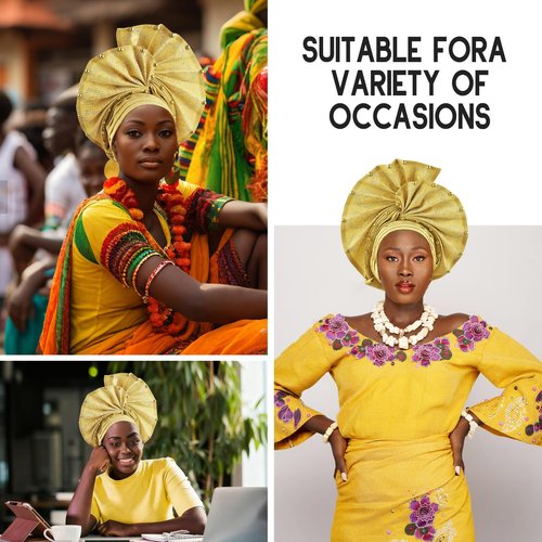 Nigerian headwear for Women African headscar,Auto Gele headband,hand wrap beaded - made for weddings parties events (Gold)