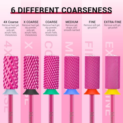MelodySusie Large Barrel 3/32'' Tungsten Carbide Nail Drill Bit, Crystal Top Pink Heart Shape, Fast Remove Acrylic Gel, Cuticle Gel Polishing for Manicure Pedicure, Pink Blossom, Series Bit-S, Fine