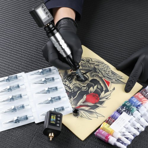 PFARRER Wireless Tattoo Gun Tattoo Kit Professional 2 Batteries Motor Digital Display Tattoo Machine with 10Pcs Tattoo Needles Tattoo Ink Tattoo Accessories PR-TKP651B-7