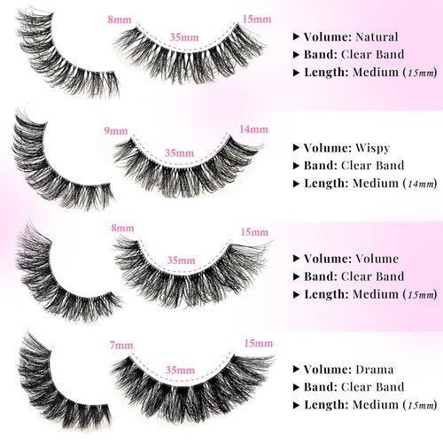 APCYUST Lashes Wispy False Eyelashes Strips 4 Styles Cat Eye Strip Lash Natural Looking Fake Mink Eyelash Pack Short Fluffy Full Lashes that Look Like Extensions Wispies Clear Band Pestañas Postizas