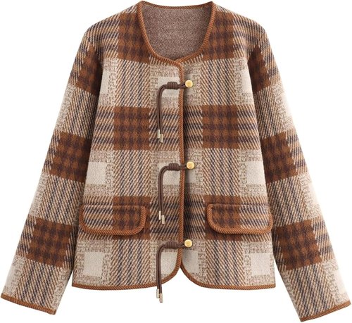 HOULENGS Women's Vintage Plaid Cardigan Sweater - Long Sleeve Knit Coat with Pockets for Fall Fashion