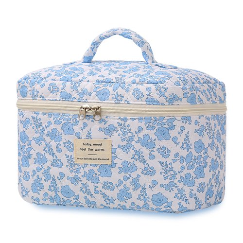 SSTAIBAO Large Travel Quilted Makeup Bag for Women Girls, Floral Cosmetic Bag, Cute Coquette Aesthetic Flowers Toiletry Organizer Bag Blue Flower