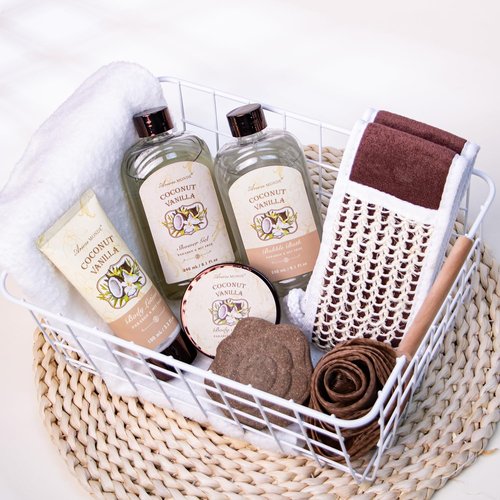 Spa Gift Baskets - Coconut Vanilla Bath Gift Set for Women, Luxury Relaxing Spa Kit with Bath Bombs, Body Lotion and Body Scrub, Birthday Gifts for Women, Christmas Spa Gifts for Mom
