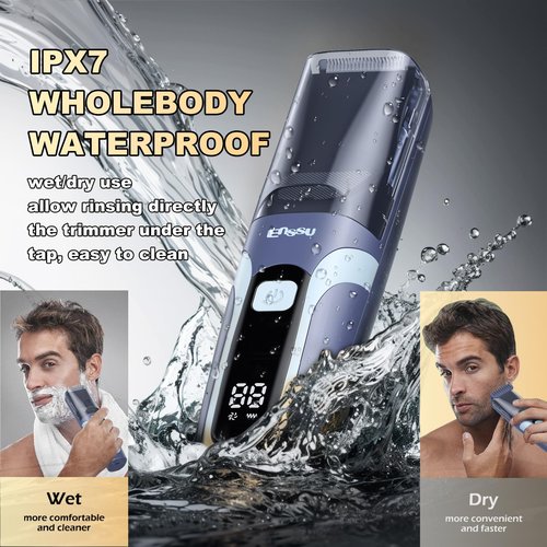 Beard Trimmer for men, Vacuum Mustache Trimmer with Type-C Charging, IPX7 Waterproof Electric Shaver Body Hair Trimmer for Men with LCD Display, Length Adjustable Blade Wheel (1/25"-4/5") (Blue)