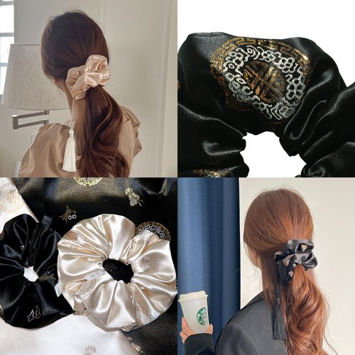 Generic Handmade Soft Korean Scrunchies for Women - Sabang Shin Hanbok Hair Accessory with Beige Ball Trinket Tassel