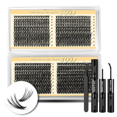 FLOMAZE Lash Clusters Kit, 800 pcs Lash Clusters Eyelash Extension Kit, 30D-40D Individual Lashes Kit, 0.07mm Thickness Soft False Lashes with Lash Bond and Seal (30D/40D, 8-16mm)