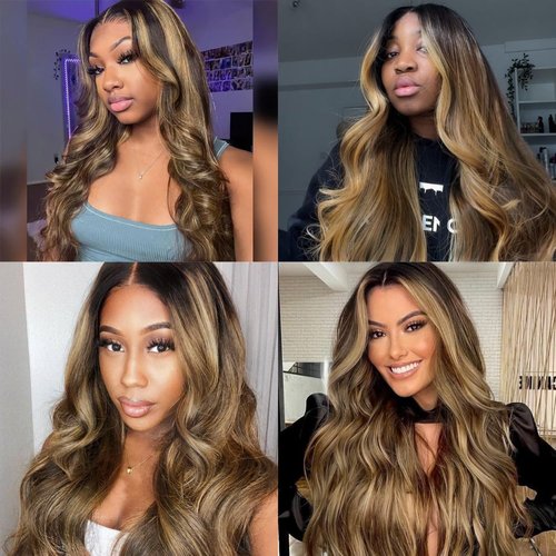 SAPPHIREWIGS Highlight Brown Lace Front Wig Long Wavy Ombre Brown Blonde 13x4 Synthetic Wear And Go Lace Front Wigs for Women Daily Party Use 26 Inches