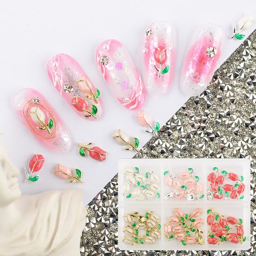 BAIYIYI 60Pcs Flower Shaped Nail Charms 3D Rose Nail Rhinestones Glitter Nail Gem 6 Colors Nail Art Charms for Valentine's Day DIY Nail Art Craft Decoration
