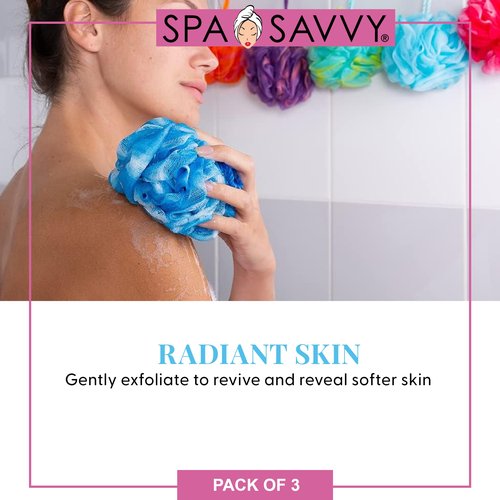 Spa Savvy Bath Loofah Set, 3 Pack Shower Pouf Body Sponges with Suction Cups, Exfoliating Bath Accessories for Men and Women, Multicolor