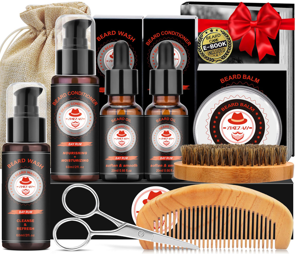 XIKEZAN Dad Birthday Gifts, Beard Care Kit with Bay Rum Beard Oils,Balm,Wash, Conditioner,Brush,Comb,Scissors,Valentines Fathers Mens Christmas Stocking Stuffers Gifts for Men Him Husband Boyfriend