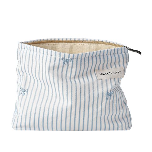 RSRSLEII Striped Makeup Bag for Women, Blue Cosmetic Bag with Bow, Travel Toiletry Cosmetic Bag with Zipper, Cute Women Aesthetic Organizer Storage Pouch, Girls Handbags Purses (03 White Stripe)