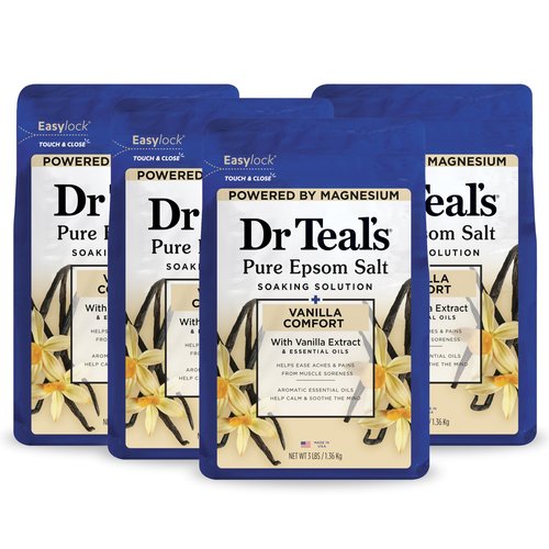 Dr Teal's Epsom Salt Magnesium Soak, Vanilla Comfort, 3 lbs (Pack of 4)