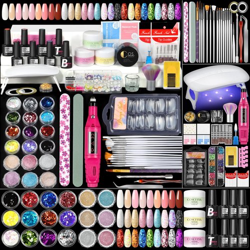 COSCELIA Acrylic Nail Kit for Beginners with Everything Professional Acrylics Powder 6pcs Gel Nail Polish 18pcs Glitter Decoration Powder Nails Kit Acrylic Set with Drill Light Gifts for Women