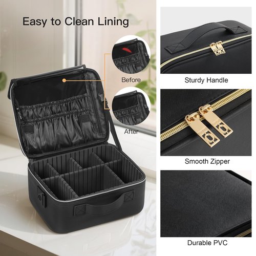 Makeup Travel Case, 12 Inch Makeup Organizer Bag with Compartment and Dividers, Portable Cosmetic Bag for Women with Brush Storage Sturdy Dual Zip Closure, Waterproof, Durable, Gift for Her, Black