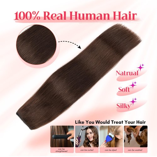 Rich Choices 100% Real Human Halo Hair Extensions Remy Invisible Wire In Hair Extensions Human Hair Clip in Hair Piece Straight,Can be Curled 12 Inch #2 Dark Brown