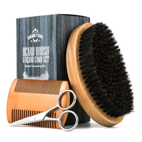 DEBETOOL Boar Bristle Beard Brush for Men - Wooden Beard Brush and Comb Set with Beard Scissors, Pocket Travel Men's Wooden Mustache Brush for Beard Care