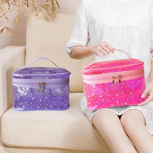 TotePrint Star Print Purple PVC Makeup Bag with Handle - 8.66 * 5.51 * 5.51 inch,Clear Storage Bag Toiletry Pocket Portable Zippered Pouch Waterproof Cosmetic Organizer Bags for Women (Purple-L)