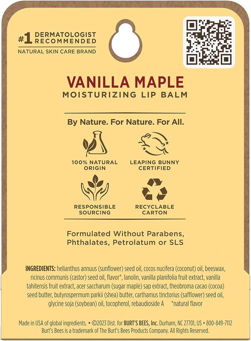 Burt's Bees Vanilla Maple Lip Balm - Moisturizing Formula for Unisex | 0.15 oz