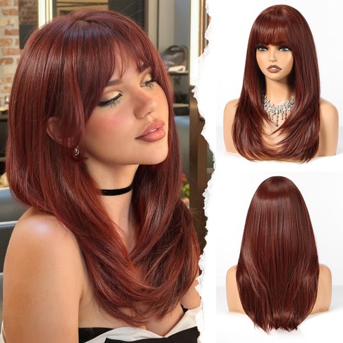HAIRCUBE Layered Red Brown Medium Long Straight Synthetic Wigs for Women with Bangs Heat Resistant Natural Look for Daily Use