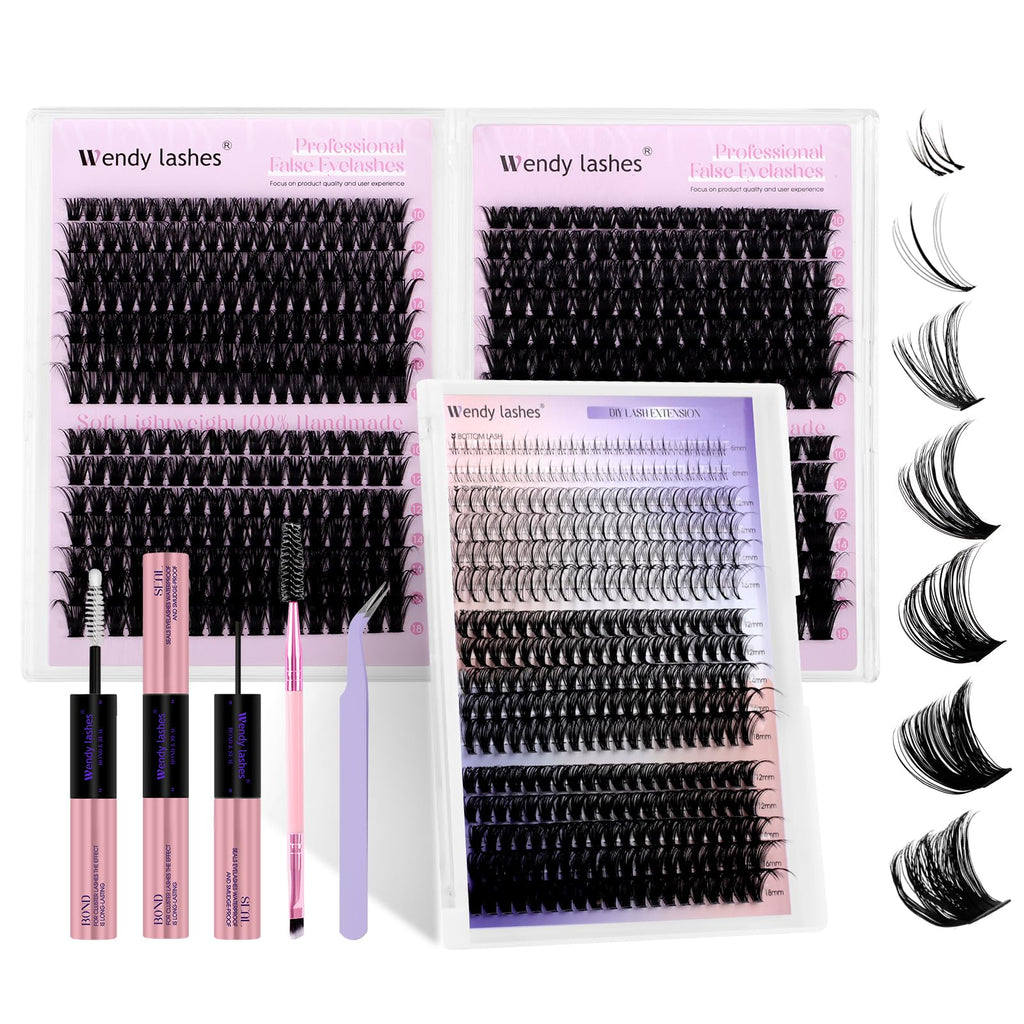 Wendy Lash Clusters Kit With Bottom Lashes 40D+50D+60D+80D+100D+150D 880-Pcs Fluffy Eyelash Clusters D Curl Lashes Extension Soft Eyelash Extension Kit Wispy Natural DIY at Home