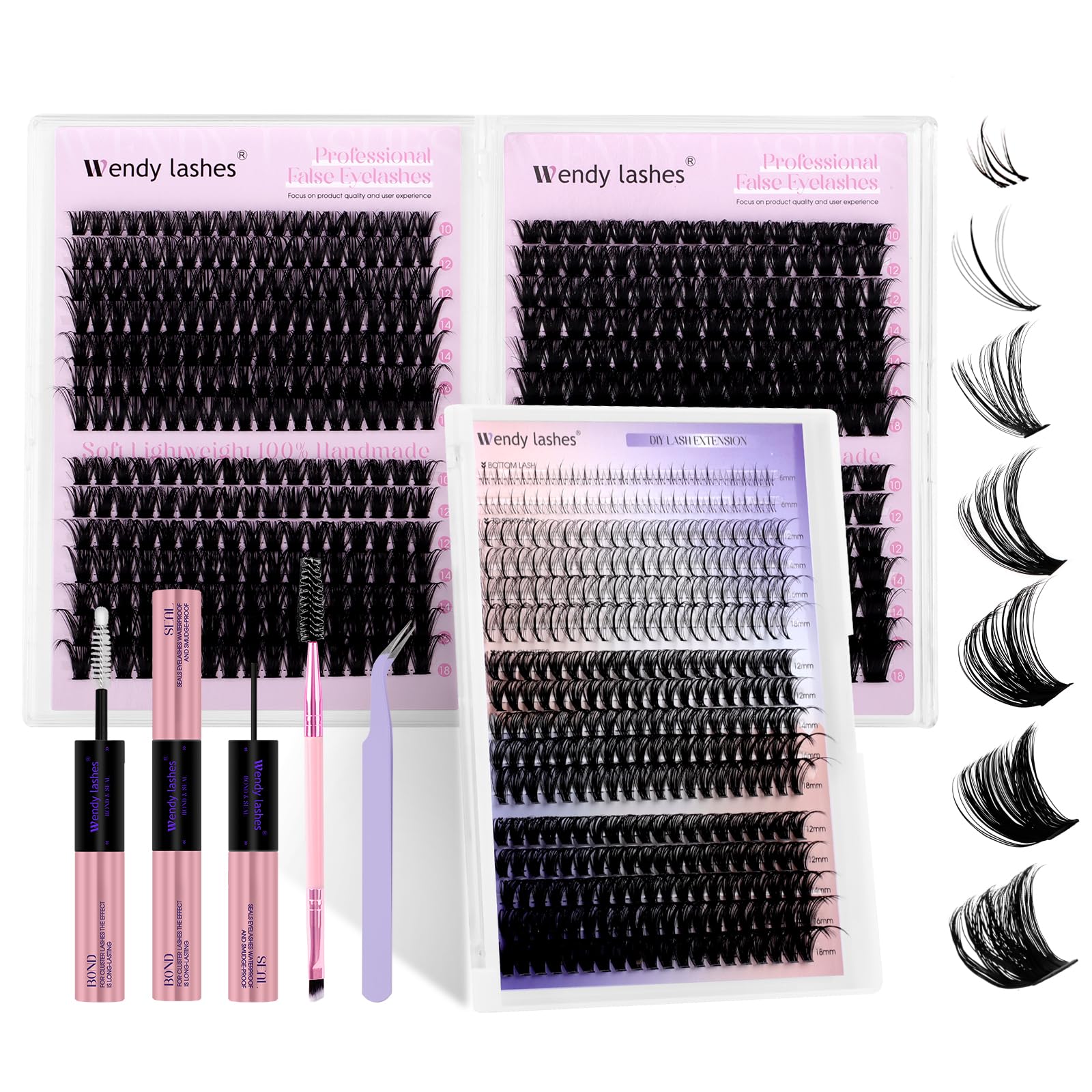 Wendy Lash Clusters Kit With Bottom Lashes 40D+50D+60D+80D+100D+150D 880-Pcs Fluffy Eyelash Clusters D Curl Lashes Extension Soft Eyelash Extension Kit Wispy Natural DIY at Home