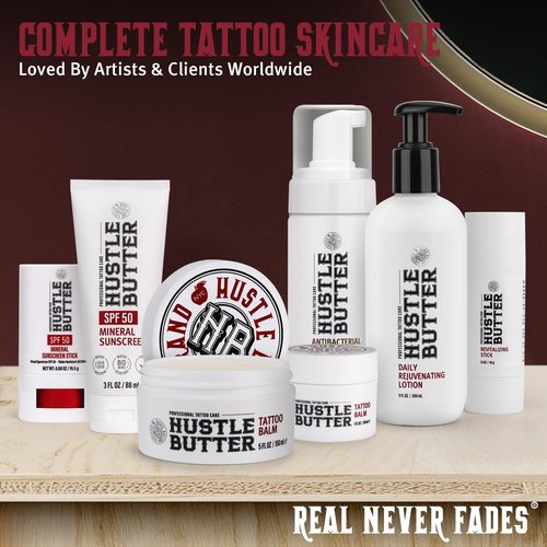 Hustle Butter Tattoo Aftercare Sunscreen Stick - Tattoo Sunscreen Stick, Fade Protection SPF 50, Hydrating with Shea Butter & Coconut Oil, TSA-Friendly, Water Resistant, Non-Greasy, 0.68 oz