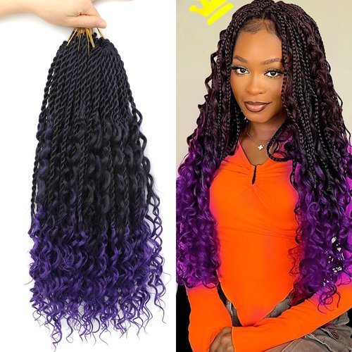 Senegalese Twist Crochet Hair with Curly Ends - 16 Inch Boho Island Twist Crochet Hair 8 Packs Goddess Boho Box Braids Crochet Hair Pre Looped Crochet Hair(16(8Packs), 1B/Purple)