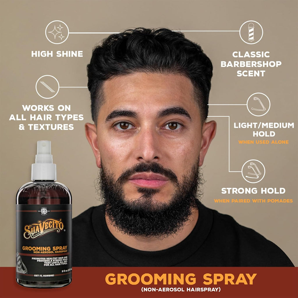 Suavecito Grooming Hairspray for Men - 8 oz Non-Aerosol, Classic Barber Scent, Strong Hold & Medium Shine