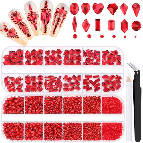 2680Pcs Red Glass Nail Rhinestones 120Pcs Multi Shapes Flatback Nail Gems + 2560Pcs 1.5-4mm Round Crystal, Manicure Nail Charms Diamond Gemstones for Acrylic Nails Decoration