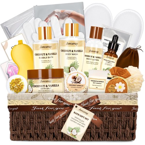 Jorceray 22PCS Valentines Day Spa Gift Baskets for Women, Luxury Bath and Body Gift Basket Set for Women Coconut Vanilla Spa Kit Relaxing Spa Self Care Gift for Her Wife Lover Mom Sister Friend