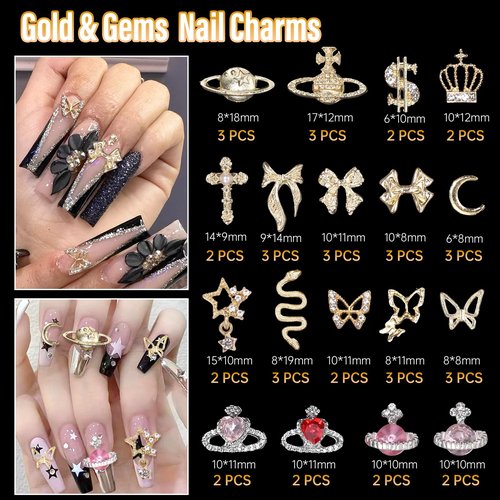 105 Pcs Silver+Gold Nail Gems Charms, Planet Crown Dollar Nail Gems Snake Star Bow Nail Charms 3D Cross Nail Art Jewelry Charms + Gold Dollar Charms for Nail Art DIY Jewel Accessories