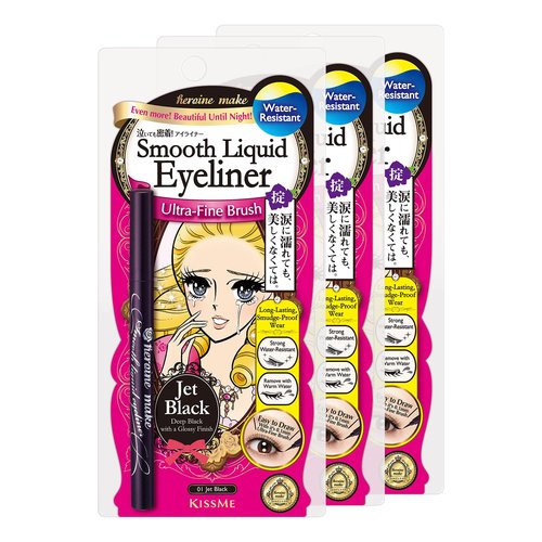 Heroine Make by KISSME Waterproof Eyeliner with Ultra-Fine 0.1mm Tip, Liquid Eyeliner Pen for Sensitive Skin, Cat Eye Liner for Long Lasting Wear, Made in Japan, Jet Black, 3 EA, SMOOTH