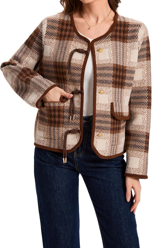HOULENGS Women's Vintage Plaid Cardigan Sweater - Long Sleeve Knit Coat with Pockets for Fall Fashion
