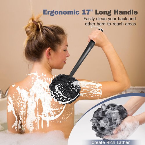 ROLIZOE Non-Slip Back Scrubber with 17" Plastic Handle - Hand Shower Loofah & Loofah on a Stick Set, Black