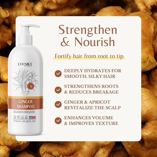 Edenika Botanicals Ginger Root Shampoo - Fortifying Biotin Formula for Hair Regrowth | 16 fl oz