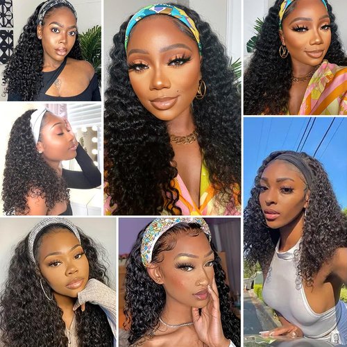 Bellarayine Deep Wave Human Hair Headband Wig 12 inch Non Lace Front Wig Machine Made Wigs Glueless Curly Hair Headband Half Wigs for Black Women Natural Color