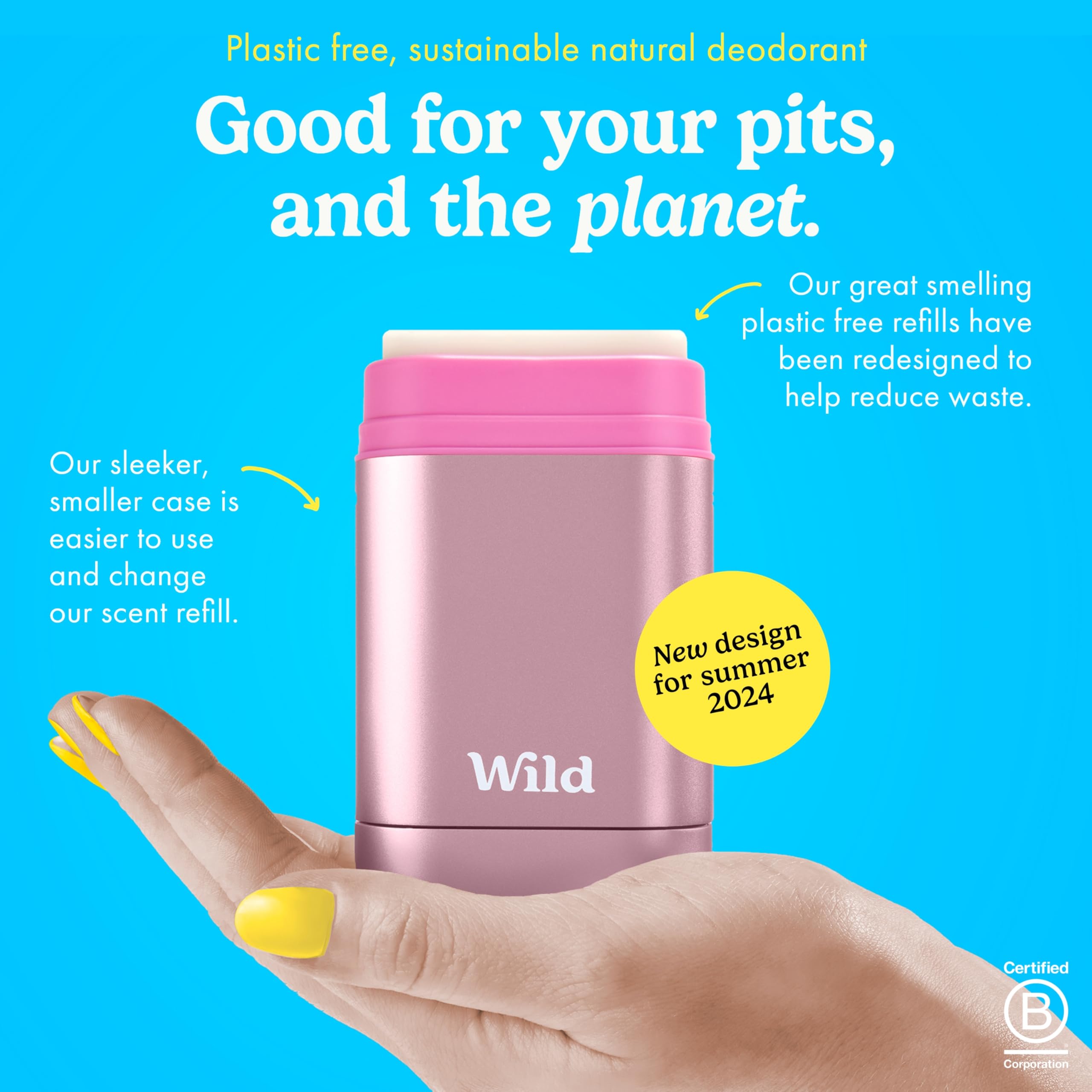 Wild Aluminum Free Deodorant for Women Starter Kit - Refillable Stick Deodorant with Pink Applicator Case & Fresh Cotton and Sea Salt Scented Refill (1.4oz) - Long Lasting Protection - Vegan Friendly