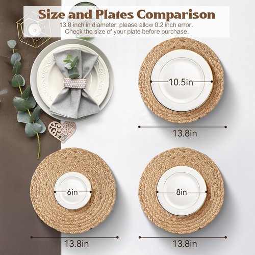 Aofmee Round Woven Placemats Set of 6 - Boho Rattan Table Mats in Natural Water Hyacinth for Rustic Dining Decor