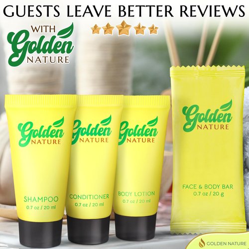 Golden Nature - Travel Size Hotel Toiletries Bundle - Jasmine, 0.7 oz each, 200 Pcs - 4-Piece Set: 50 Rectangular Bar Soap, 50 Shampoo, 50 Conditioner & 50 Body Lotion - Bulk Small Toiletries