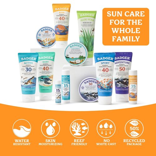 Badger Kids Mineral Sunscreen Cream SPF 40 - 98% Organic Zinc Oxide Formula | Water Resistant & Reef Friendly, 2.9 fl oz