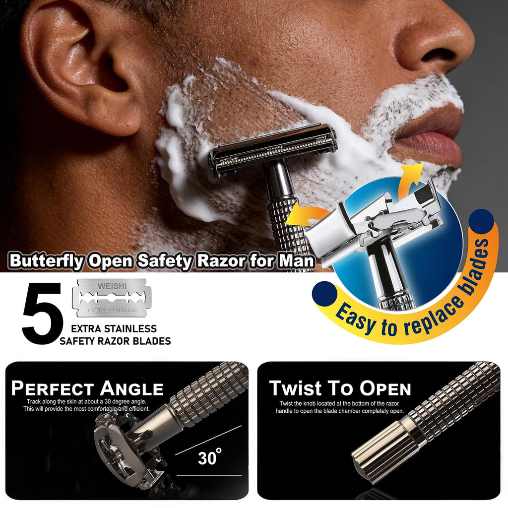 WEISHI Butterfly Open Double Edge Safety Razor for Men, Nostalgic Long Handle with 5 Stainless Razor Blades, Reusable Wet Shave Tool for Smooth, Close Shave