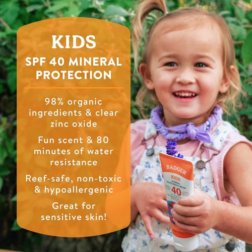 Badger Kids Mineral Sunscreen Cream SPF 40 - 98% Organic Zinc Oxide Formula | Water Resistant & Reef Friendly, 2.9 fl oz