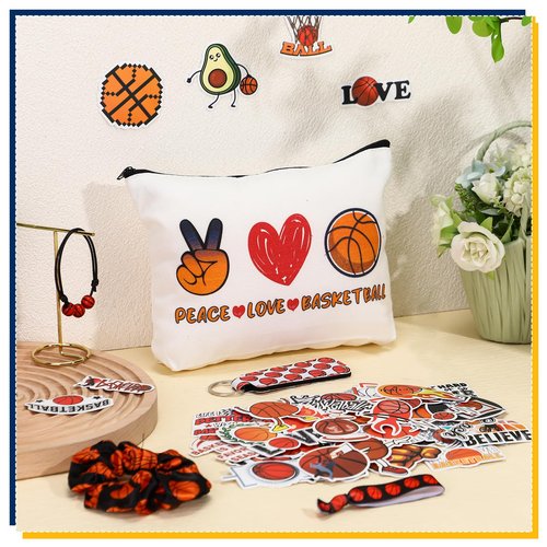Seenelling 56 Pcs Basketball Stuff Inspirational Gifts for Players Teams Cosmetic Bag Women Hair Ties Sport Lovers Gifts for Birthday Sport favors