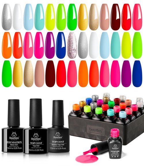 Beetles Gel Nail Polish Set - 20 Colors Rainbow Neon Gel Polish Kit with 3Pcs Base Top Coat Hot Pink Orange Blue Lemon Green Glitter Spring Colors Soak Off UV Manicure Easter Gift for Women